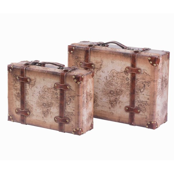 Vintiquewise Vintage-Style World Map Leather Suitcase Trunks with Straps and Handle, PK 2 QI003614.2